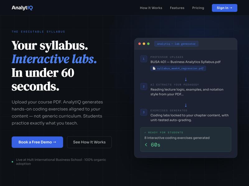 AnalytIQ landing page: Your syllabus. Interactive labs. In under 60 seconds.